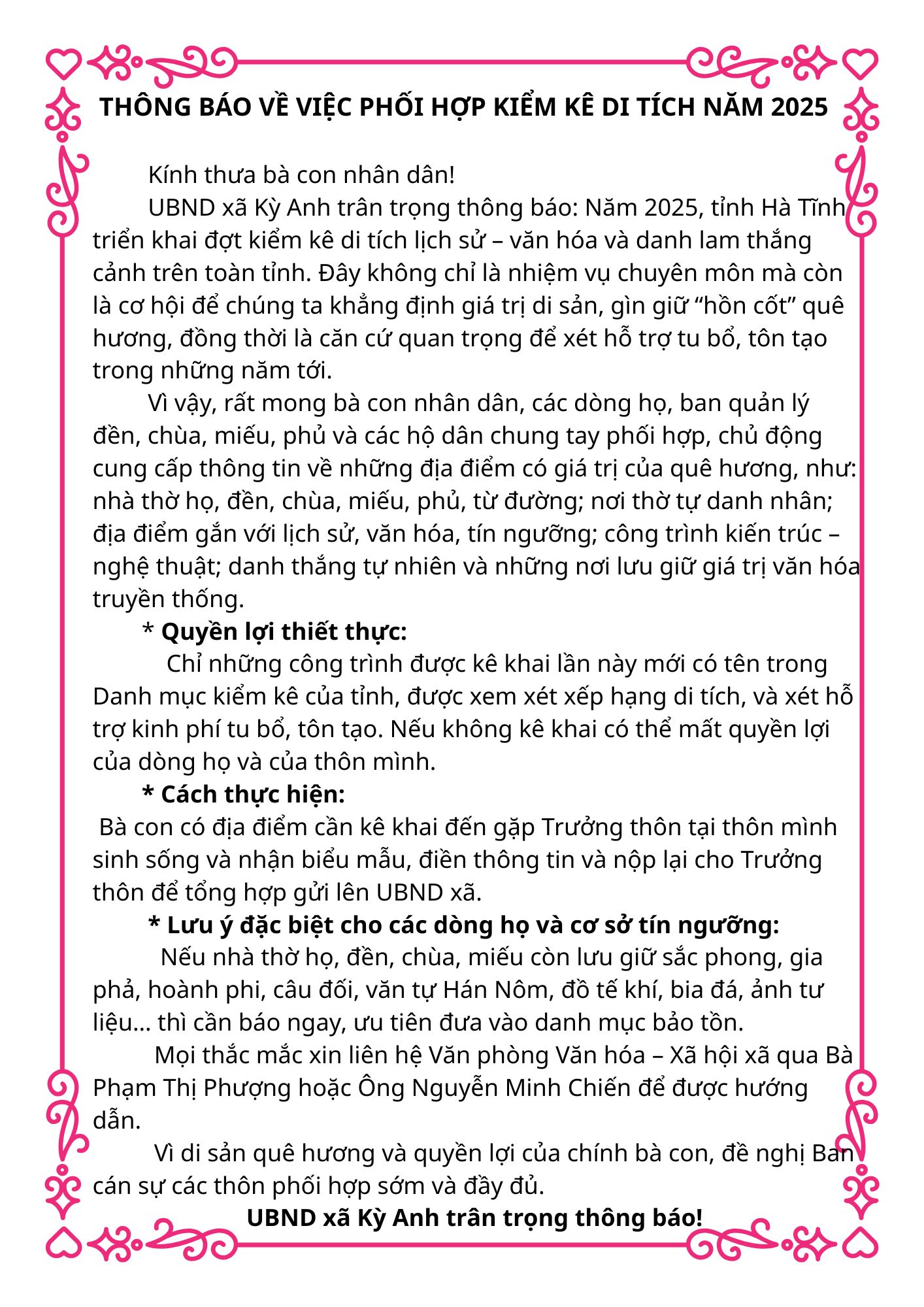 Thông báo về việc phối hợp kiểm kê di tích năm 2025