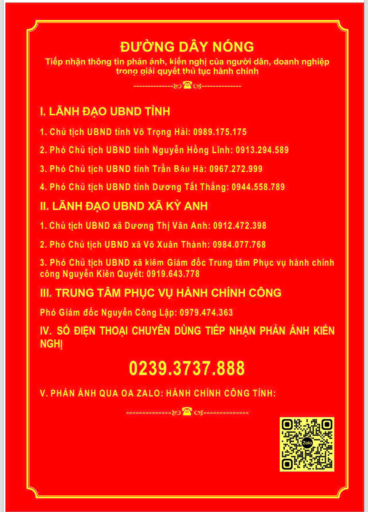 Đường dây nóng tiếp nhận thông tin phản ánh , kiến nghị của người dân, doanh nghiệp trong giải quyết thủ tục hành chính