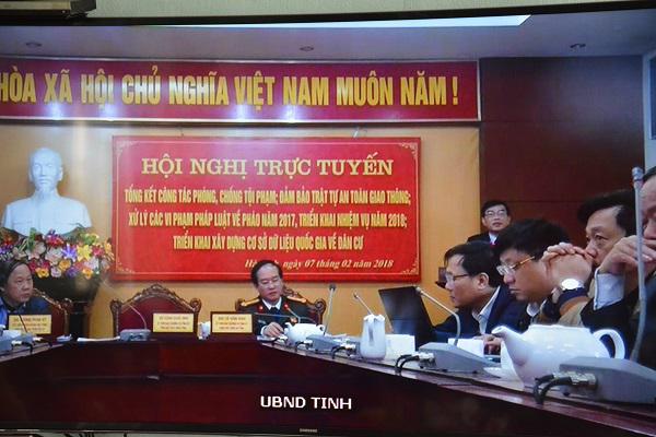 UBND  tỉnh: Hội nghị trực tuyến tổng kết công tác phòng chống tội phạm, đảm bảo trật tự an toàn giao thông, xử lý vi phạm pháp luật về pháo năm 2017 và phương hướng, nhiệm vụ năm 2018; triển khai xây dựng cơ sở dữ liệu quốc gia về dân cư.